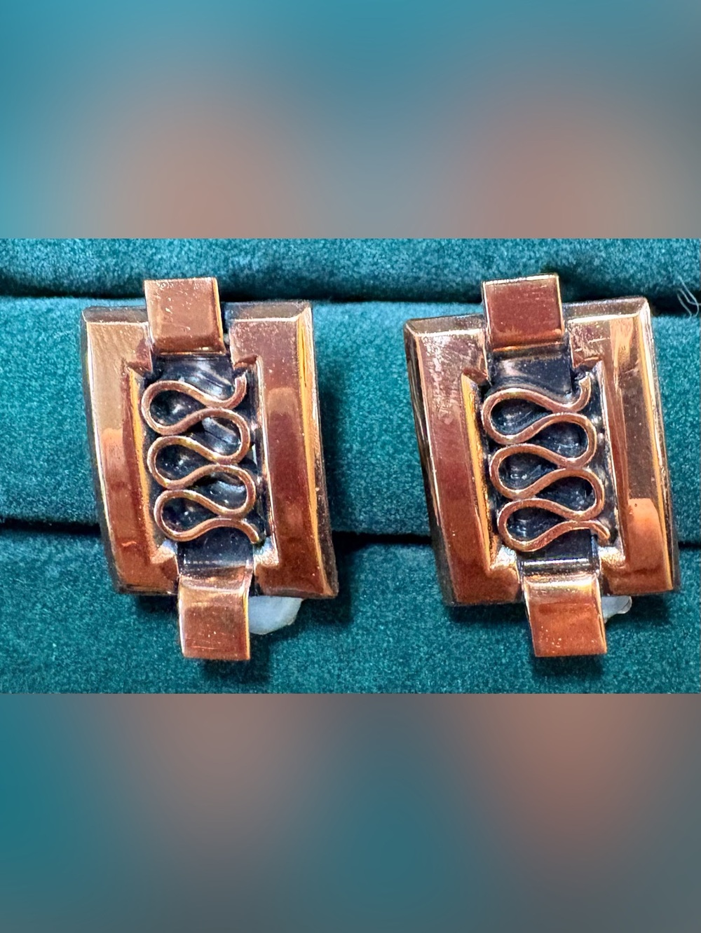 Vintage Renoir MCM Copper "Grecian" Ribbon Clip On Earrings Signed